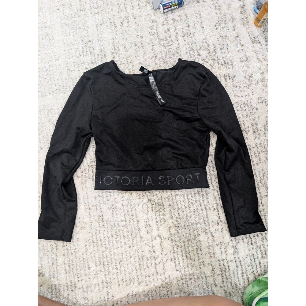 Victoria Sport Long Sleeve Black Crop Top Logo Band Activewear Women XS